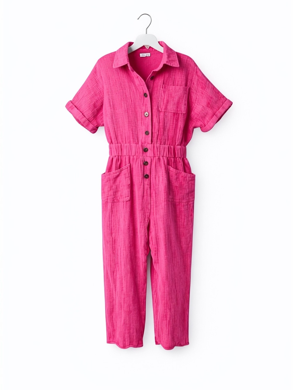 White Birch Pink Cotton Gauze Button‑Up Jumpsuit L Hot Pink Coastal Cowgirl